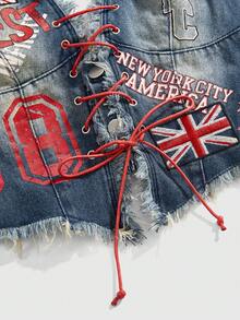 ROMWE Avant Spring/Summer Women's Retro Motorcycle Style Back To School Collegiate Numeric & English Text British Flag Print Sleeveless Denim Crop Top - Blue - View 3