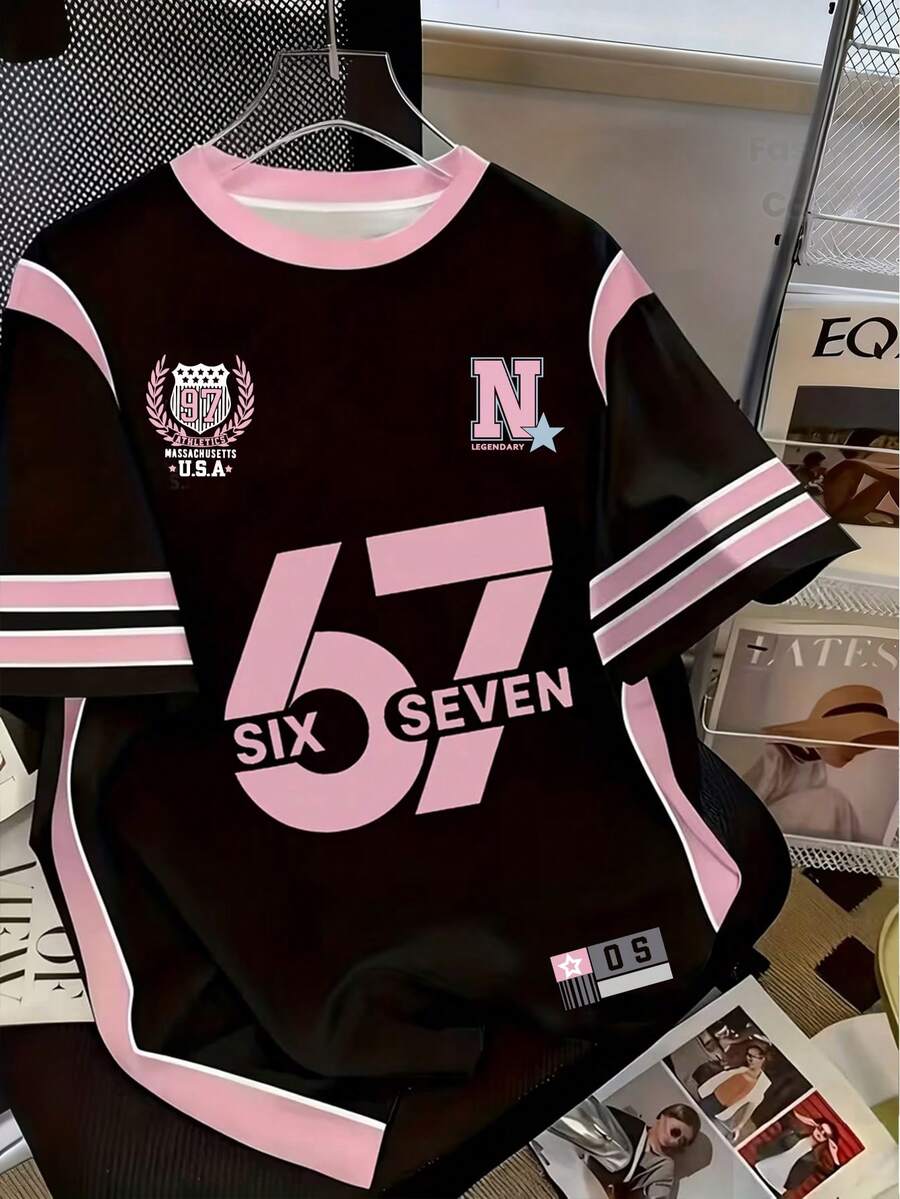 Sparklyn Tween Girls Colorblock Letter Print Loose T-Shirt,Black Pink,Summer,Streetwear,School,Back-To-School,Korean Style,Comfortable,Digit Print 67 - Multicolor - View 1