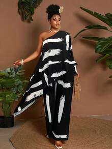 Maweii 春夏秋季不对称手帕下摆黑白抽象笔触印花宽松休闲时尚通勤日常穿搭时尚设计小众必备大码女装两件套 - 彩色 - 查看 3