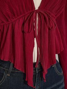 SHEIN ICON 大码女式休闲度假风纯色深V领喇叭袖系带短款褶皱上衣，春秋季 - 酒紅色 - 查看 7