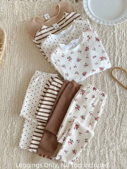Souflis Souflis Toddler Girls Leggings 4-Pack - Floral Stripe Polka Dot Solid Multi-Style Stretch Skinny Pants Sweet Floral Print Design Brown White Series Sweet Color Stretch Breathable Fabric High Waist Slim Fit Leggings Floral Stripe Polka Dot Combo Social Media Style Sweet 2026 New Year Holiday Essential Little Girls Leggings Set Leggings Only No Top Included Leggings Pack Girls Long Pants