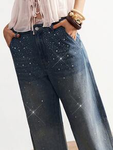 Bohemela 镶钻宽松休闲牛仔阔腿裤，适合度假和派对穿着 - 藍色 - 查看 2