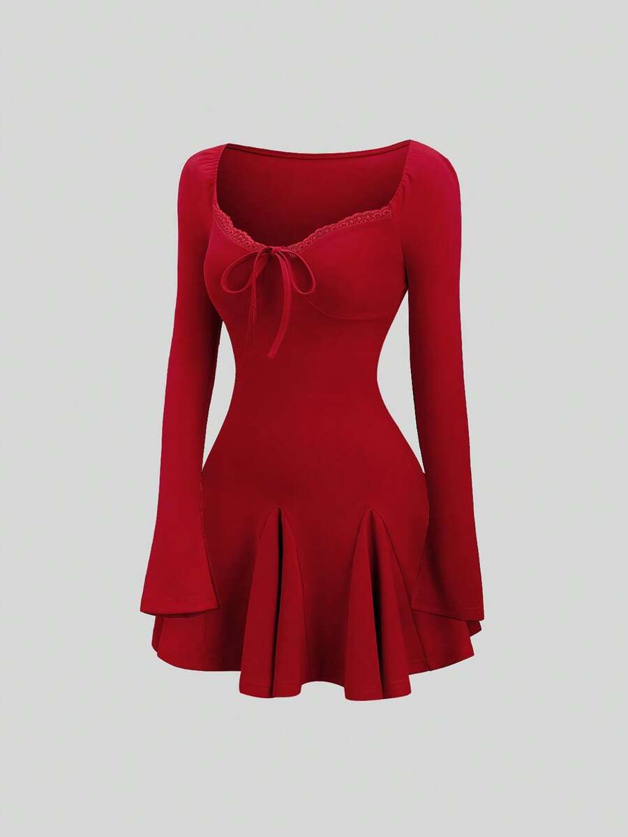 Sweetra Váy cổ tim thắt nút phía trước tay áo bèo nhún viền Godet - Đỏ - Xem 1