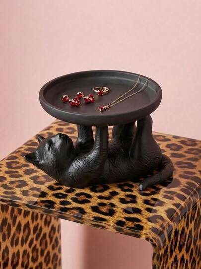 Zazumi 1个PLA材质3D打印猫咪首饰碟，黑色桌面收纳托盘，可爱动物主题家居装饰首饰收纳，独特礼品创意