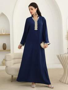 Al Najma 宽松刺绣串珠优雅女士土耳其长裙和阿拉伯传统长袍 - 寶藍色 - 查看 4