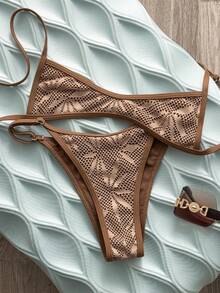 Swim Vcay 2026 New Spring/Summer Women 2pcs Sexy Micro Bikini Set, Beach Vacation Casual Brown Bathing Suit Women Brown Bikini Set Textured Bikini Criss Cross Bikini Mini Bikini - Brown - View 1