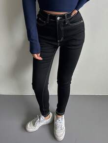 DAZY 女士撞色拼接修身牛仔裤 - 黑色 - 查看 3