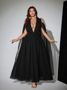 Viva Relle 大码女士性感深V领透视网纱披肩袖收腰派对连衣裙 - 黑色 - 查看 4