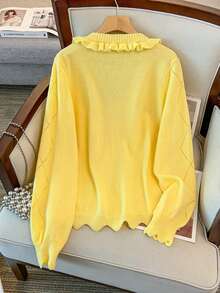 GlowEve CURVE Women's Autumn/Winter New Lace-Up Bow Knit Cardigan, Sweet Soft Floral Pattern Classic Versatile Regular Fit Sweater Top - Yellow - View 2