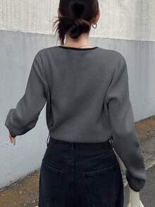 FRIFUL 女士宽松圆领半拉链撞色袖口和门襟华夫格纹理休闲T恤 - 灰色 - 查看 6
