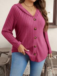 SHEIN LUNE Cárdigan con capucha acanalado de unicolor para mujer de talla grande - Rosa Fucsia - Ver 4