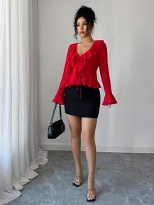 Rafferiza 女士优雅复古休闲外出约会V领荷叶边长袖喇叭袖蝴蝶结腰部显瘦法式浪漫圣诞节情人节衬衫 - 紅色 - 查看 5