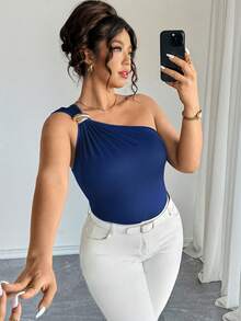 Elenzga Plus Size Women Metallic Pleated Blouse In Navy Blue Royal Blue One Shoulder Top One Sleeve Top One Shoulder Blouse Women Sexy Tops Women Sleeveless Tops - Blue - View 7