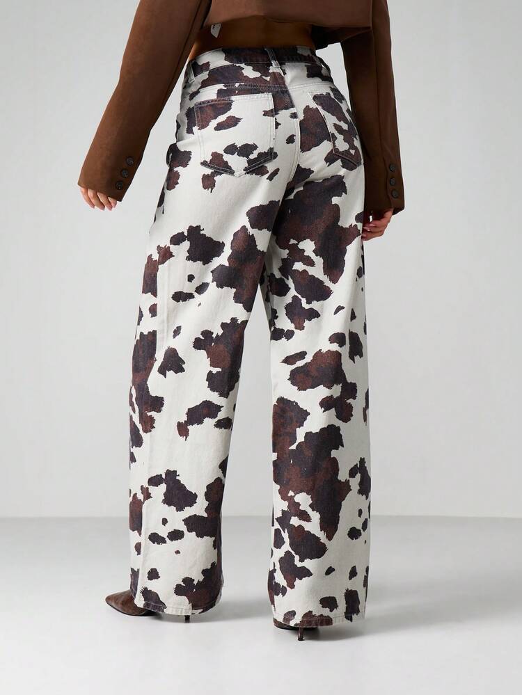 MISSGUIDED Women High Rise Loose Fit Wide Leg Cow Print Jeans Casual Full Length Palazzo Denim Pants Fall Winter AOP Pattern