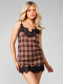 MISSGUIDED Plaid Checked Mini Dress With Black Lace Trim Spaghetti Strap Fall Winter Casual Party Outfit - Khaki - View 3