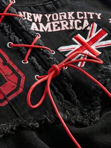 ROMWE Avant 女士复古摩托车风格返校学院风数字英文英国国旗印花牛仔无袖连衣裙 - 黑色 - 查看 4