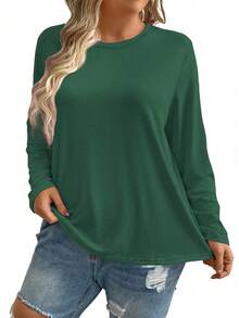 大码女式纯色圆领宽松休闲简约日常通勤打底长袖T恤，红色，适合春秋季和圣诞节穿着 - 綠色 - 查看 4