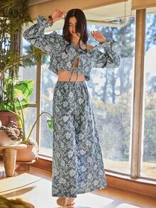 Lullawish 波西米亚风休闲3D立体花卉提花宽松度假睡衣，优雅荷叶边宽松上衣长裤睡衣套装，秋季可爱家居服套装，女士家居服两件套睡衣套装，女士家居服两件套睡衣套装 - 霧霾藍 - 查看 1