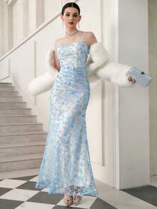 Elenzga French New Sequin Lace Mesh Sheer Backless Dress, Sexy See-Through Strapless High-End Evening Gown, Unique Fashion Elegant Long Evening Dress - Blue - View 5