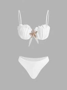 Swim Oasis Women's Bohemian Style Sexy Elegant Romantic Sun Pattern Acrylic Beaded Tie-Up Bikini Set Set & Beach Maxi Dress 3-Piece Beach Outfit - White - View 3