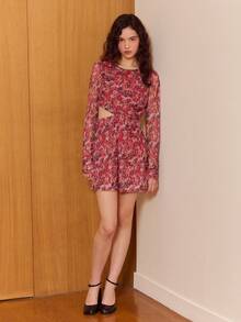 lacRébo Vestido mini de manga larga semitransparente con estampado floral rosa, con corte lateral y detalles fruncidos, estilo lindo, estilo francés, estilo parisino - Multicolor - Ver 5