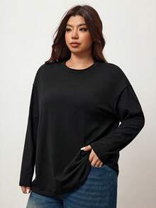 Enliva Plus Size Solid Color Drop Shoulder T-Shirt, For Apple Rounded Body Shape - Black - View 6