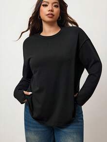 Enliva Plus Size Solid Color Drop Shoulder T-Shirt, For Apple Rounded Body Shape - Black - View 7