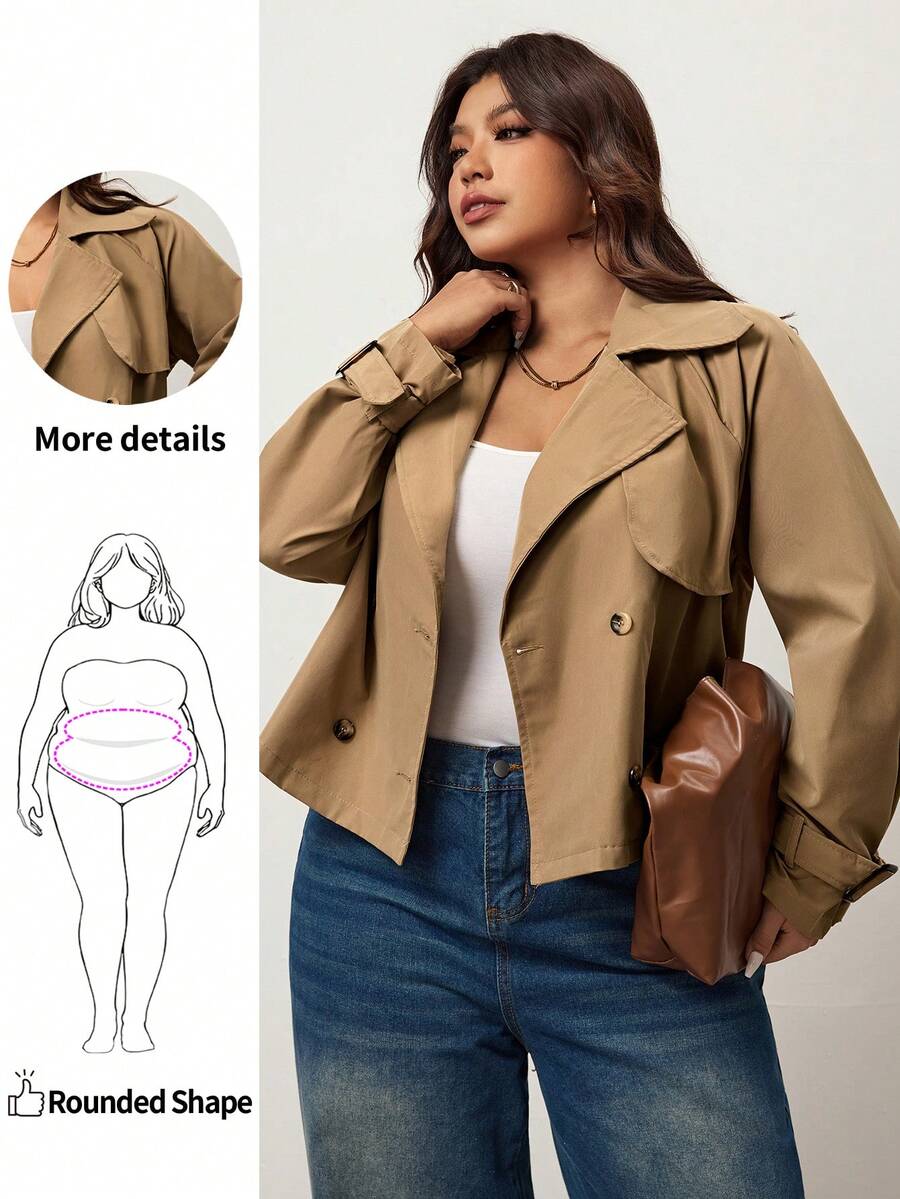 Enliva Plus Size Women's Autumn And Winter Fashion Casual Loose Comfortable Daily Basic Versatile Classic Khaki Short Windbreaker Jacket,Fall Outfits,Simle Style,Winter Coats, For Apple Rounded Body Shape - Khaki - View 1