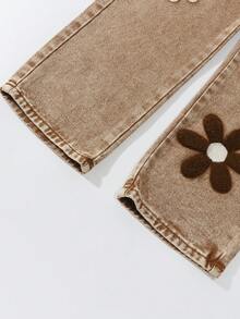 SHEIN ChillGRL Tween Girl New Fashion Snowflake Washed Distressed Embroidered Wide-Leg Jeans Kids Wide Leg Pants With Butterflies And Flowers 70s Kids Earthy Tween - Khaki - View 4