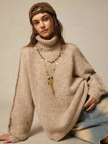 SoleilVie Women's Turtleneck Long Sleeve Knit Sweater, Autumn/Winter - Apricot - View 9