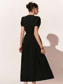 Poéselle 女士纯色简约短袖连衣裙，休闲日常穿着 - 黑色 - 查看 3