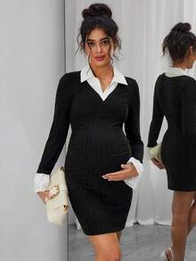 Momance Maternity Casual Black & White Patchwork Long Sleeve Dress - Black and White - View 1
