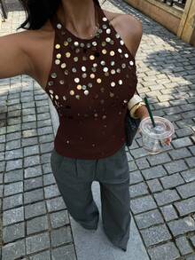 Siren Gaze Áo ba lỗ hở lưng cổ chữ U thắt nút gợi cảm cho nữ, trang phục dự tiệc thời trang mùa hè - Cà phê nâu - Xem 4