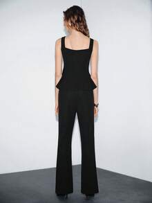 Chiquease Women's Fashion Metal Buckle Decor Camisole Top + High Waist Elastic Flare Pants, Summer - Black - View 3