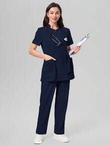 Scrubzie 防皱短袖系带长衬衫和长裤医用工作服套装 - 藏蓝色 - 查看 6