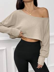 SHEIN PETITE Casual Oversized Dropped Shoulder Oblique Shoulder Long Sleeve T-Shirt, Textured Jacquard Fabric - Khaki - View 3