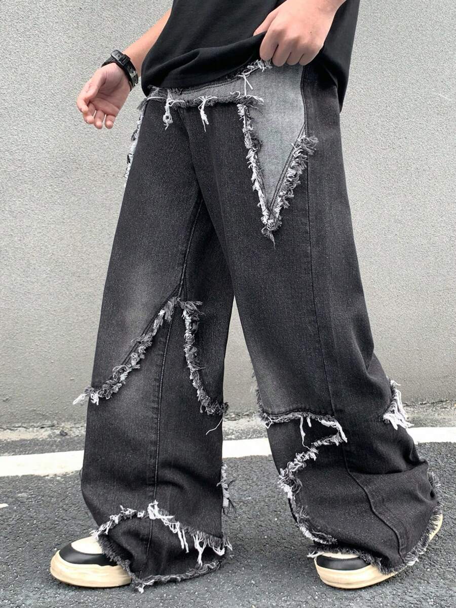 SHEIN Tween Boy Fashion Casual Y2k Vintage Cool Street Frayed Edges And Star Stitching Black Loose Denim Jeans For Kids Clothes Tween Boy Dailywear And Kids Spring And Summer Rave Outfits Festival And Outfits Streetwear Clothes - Black - View 1