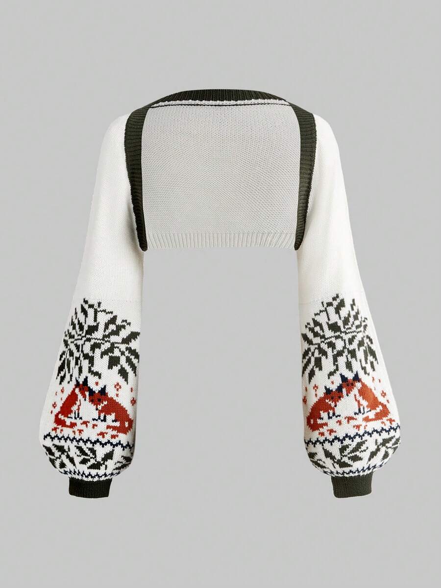 ROMWE Vintage Fairycore Embroidered Shawl Cardigan, Fox Pattern Jacquard Knit - Beige - View 1