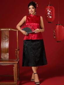 Elenzga Blusa de talla grande para mujer con estilo chino elegante, cuello en ángulo, botones, parte superior sin mangas de estilo retro, blusa de traje Tang modificada - Burdeos - Ver 5