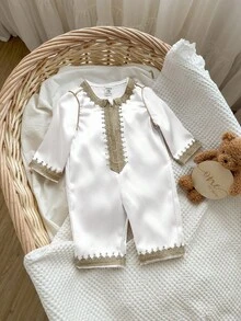 Baby Boy/Girl Traditional Woven Trim Round Neck Long Sleeve Romper & Pants, Casual & Versatile - White - View 5