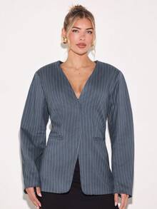 COSMINA Women's Elegant Deep V Waist Suit Blazer, Grey, Autumn, Casual, Work, Business , Office Attire - Blue - View 1