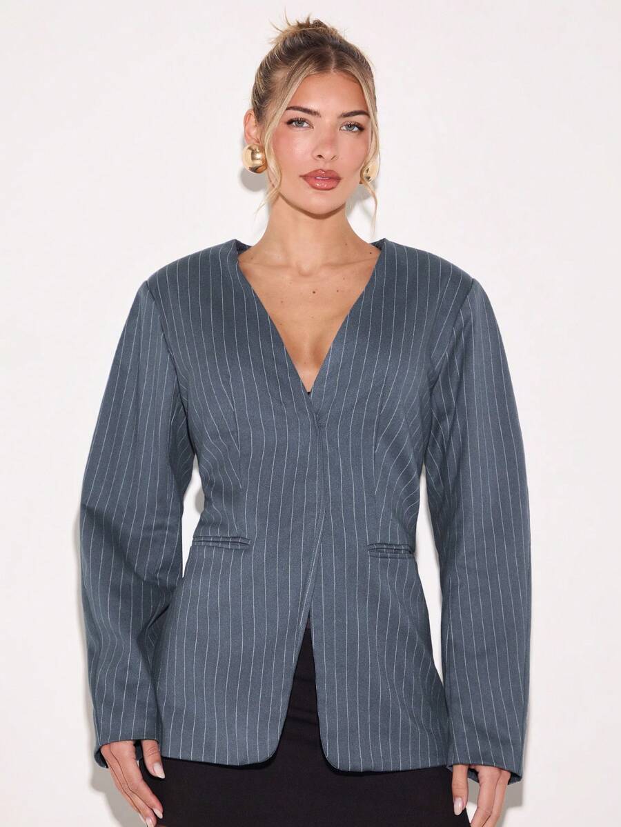 COSMINA Women's Elegant Deep V Waist Suit Blazer, Grey, Autumn, Casual, Work, Business , Office Attire - Blue - View 1