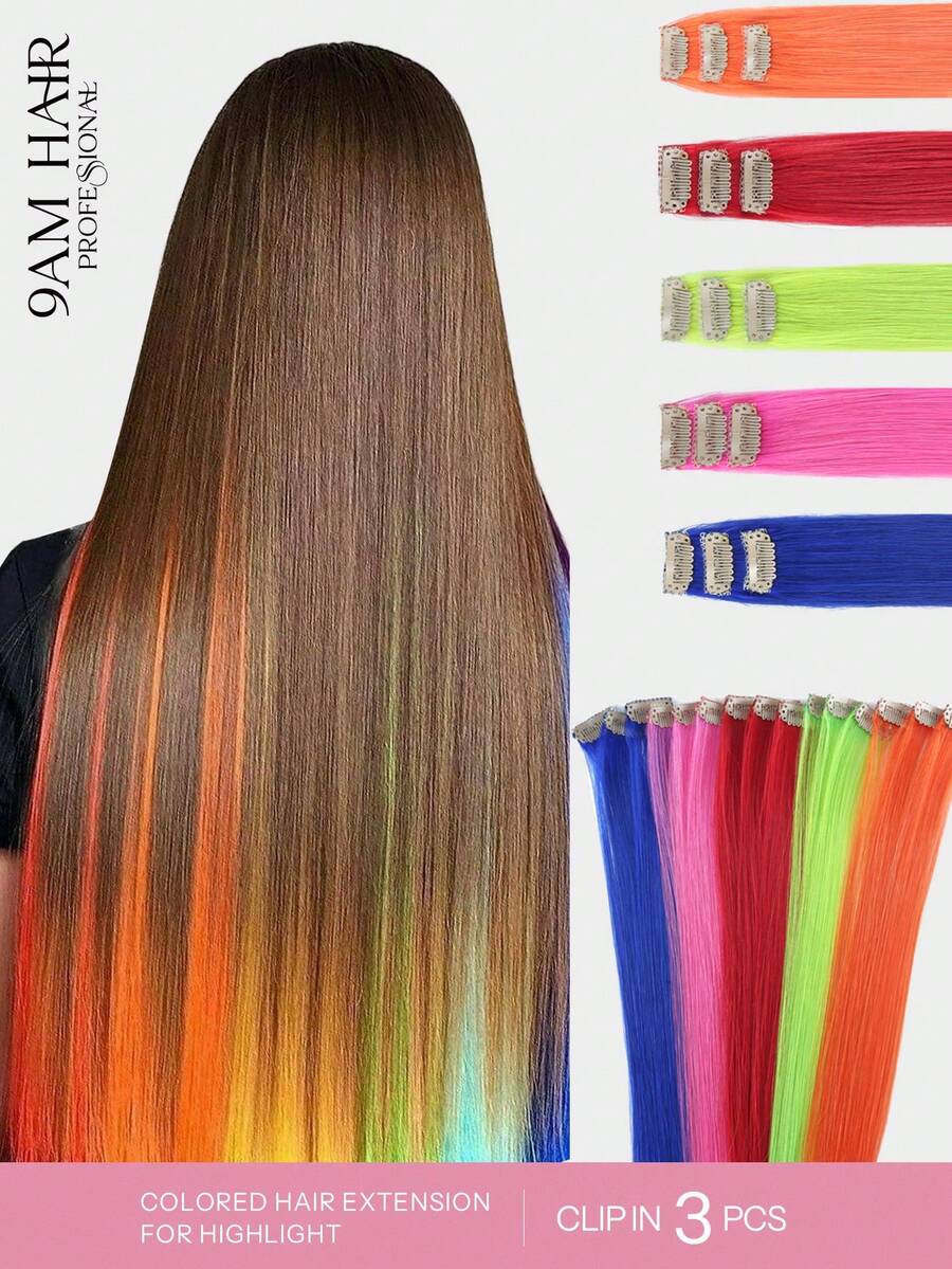 9AM Hair Colored Clip In Hair Extensions 100% Real Human Hair 18 Inch 3 Chiếc Đỏ/Xanh Dương/Xanh Lá/Hồng/Cam Vô Hình Thẳng Highlight Nhiều Màu Sắc Tóc Giả Cầu Vồng Cho Phụ Nữ/Bé Gái - Nhiều màu - Xem 1