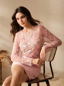 Anewsta Women's Elegant Beaded & Sequin Embellished Long Sleeve Blouse, Suitable For Beach, Party And Holiday Occasions, Pink - Pink - View 2