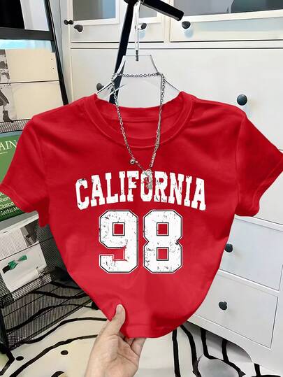 SHEIN Women's Short T-Shirt, Fashionable T-Shirt Printed With "California" Letter, Casual Daily And Party, Essential Layering Top For Women All Seasons, Women's T-Shirt, Versatile Apparel, & Comfortable Fit, Fashionable Top, Women's , Streetwear Style, Short Sleeve Top, Soft Material, Women's Fashion