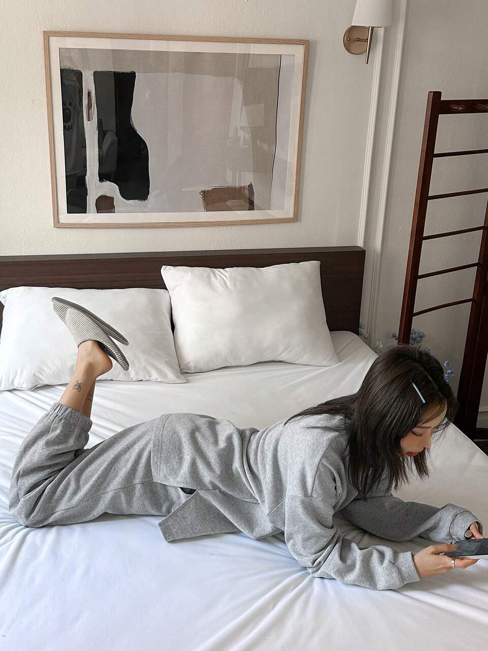 Minimalist Heart Print Thermal Lined Knit Sweatshirt Homewear Set