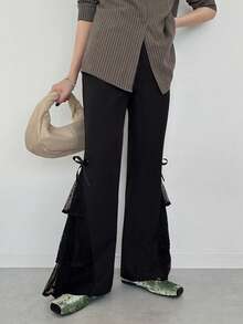 FRIFUL 女士纯色蕾丝拼接优雅喇叭裤 - 黑色 - 查看 4