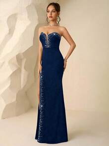 Coutiva 女士水钻装饰无肩带侧开衩修身优雅正式晚礼服 - 藏蓝色 - 查看 4