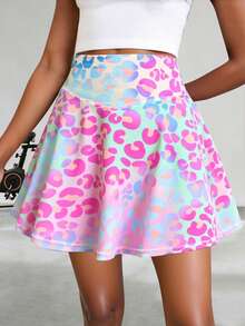 SHEIN 青少年女孩高腰渐变彩色印花时尚裙子，瑜伽迷你裙，触感如肌肤般柔软，超柔软