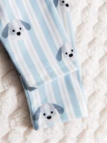 男婴舒适柔软睡衣套装，长袖开衫和裤子，可爱小狗蓝白条纹 - 彩色 - 查看 6